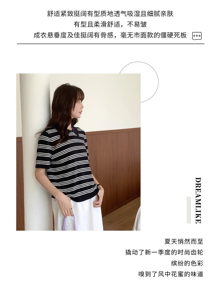 Summer women's100% cotton casual striped knitted T-shirt short sleeved loose POLO collar pullover Korean version fashionable top
