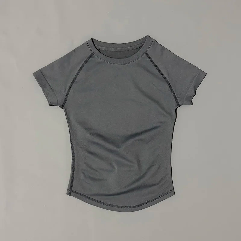 Histello Women Short Sleeve Sports T-Shirt Round Neck Breathable Stretchy Quick Dry Top Yoga Gym Running Fitness Activewear