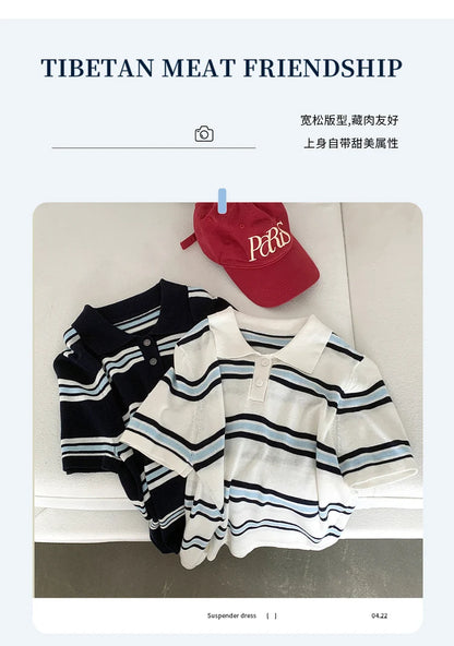 Summer 100% cotton women's T-shirt casual striped knit pullover short sleeved loose POLO collar Tees Pull fashion tops
