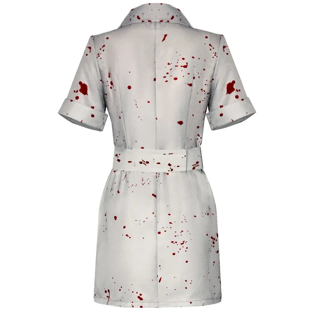 Silent Hill Nurse Cosplay Costume, Womens White Bloodstained Uniform With Belt And Hat, Halloween Fancy Dress For Comic