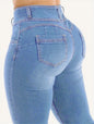 Buttoned zipper opening washable blue high-waisted slimming buttocks-enhancing stylish and sexy mini-flared denim pants