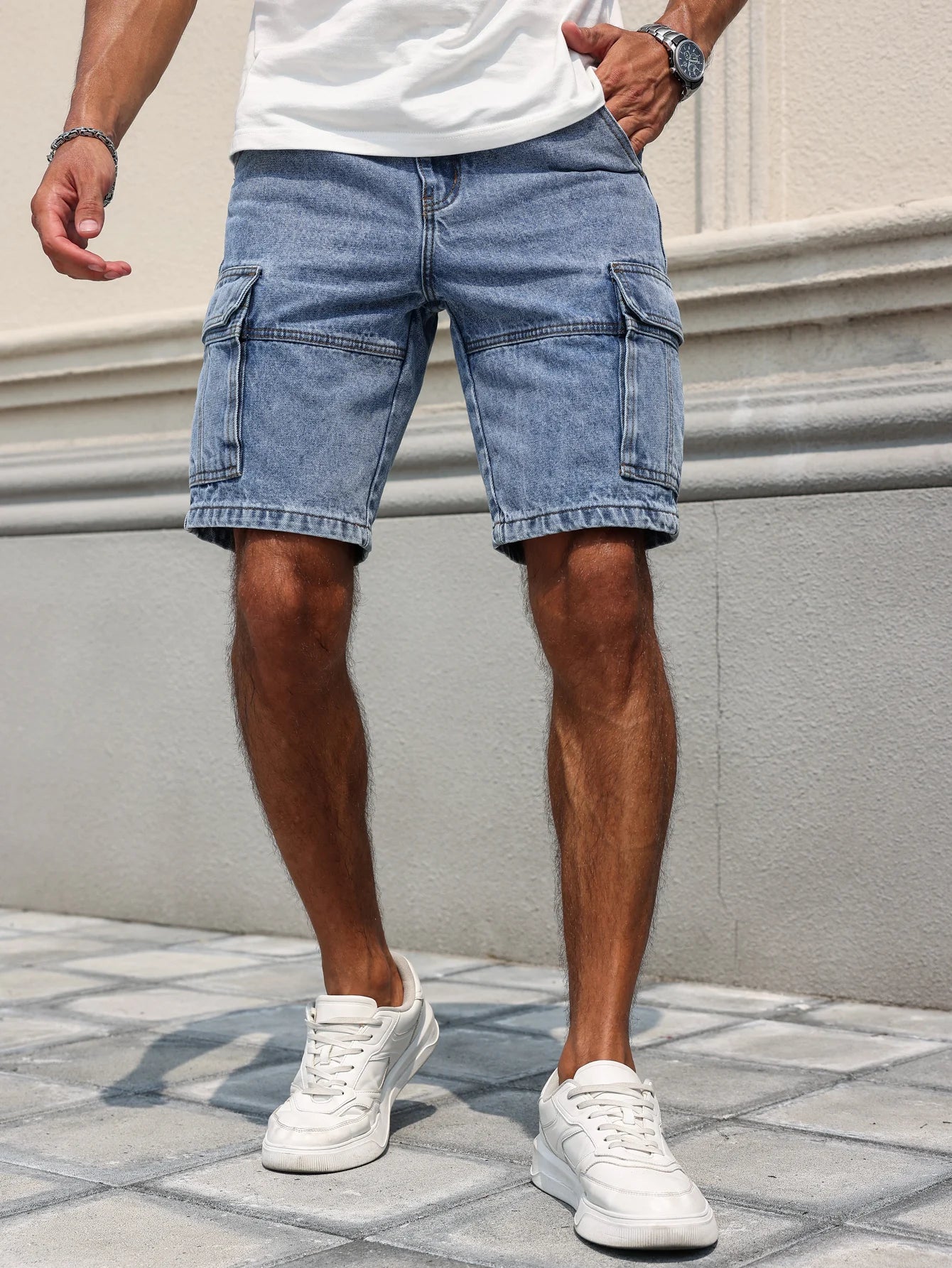Men's Summer Blue Regular Denim Shorts. Multi-Pocket Design. Stylish and Casual.