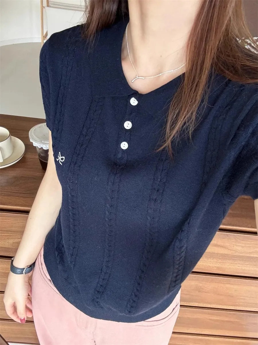 AOSSVIAO Summer New Korean Fashion Slim Polo shirt Knitted Short Sleeve T-shirt Sweet Bow Embroidered Knitted  Women Tops
