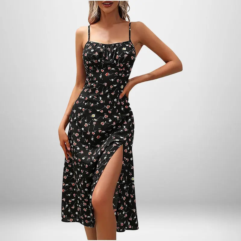 Women Elegant Floral Beach Vacation Streetwear Sexy Low Cut Beach Party Slim Slit Dress Chic Bodycon Lady Sleeveless Vestidos