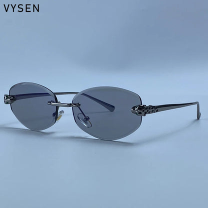 Vintage Rimless Oval Punk Sunglasses Men Luxury Designer Leopard Head Frameless Sun Glasses Hip Hop Outdoor Shades Eyewear