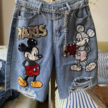 Supzoom New Arrival Loose Casual Summer Top Fashion Cotton Embroidery Beading Mickey Mouse Summer Denim Shorts