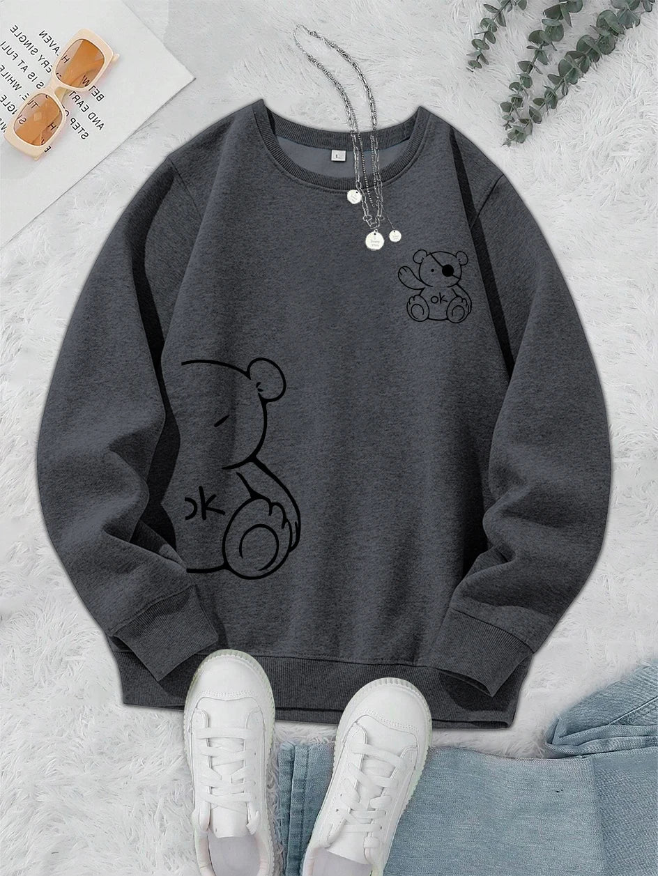 Profashion OK Teddy bear Printing Sweatshirts For Women Classic Retro Fashion Hoodies Fleece Warm Casual Clothes Loose Sportswear