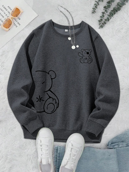 Profashion OK Teddy bear Printing Sweatshirts For Women Classic Retro Fashion Hoodies Fleece Warm Casual Clothes Loose Sportswear