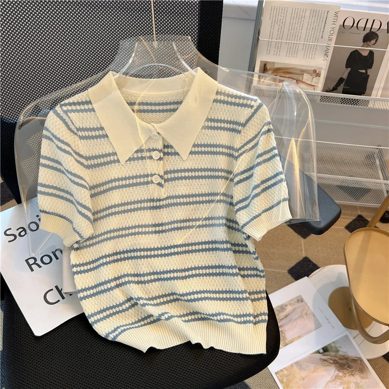 Polo Neck New Women's Knitting T-Shirt Striped Short Sleeve Women T Shirt for Female Slim Tops Woman T Shirts Clothing S145