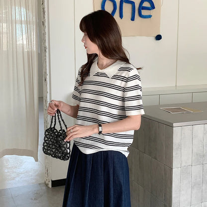 Summer women's100% cotton casual striped knitted T-shirt short sleeved loose POLO collar pullover Korean version fashionable top