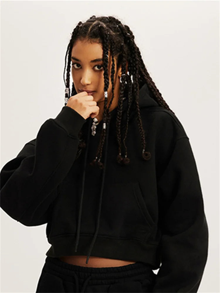 Profashion  Loose Hoodies Women Autumn Winter Long Sleeve Crop Top Streetwear Solid Drawstring Hooded Shirt Casual Female Sweatshirt