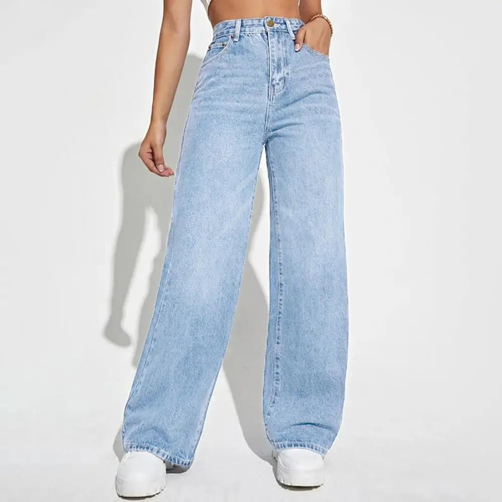 High Waist Denim Pants For Women Stretchy Wide-Leg Jeans With Pockets Casual Straight Leg Summer Autumn Female Jean Trousers