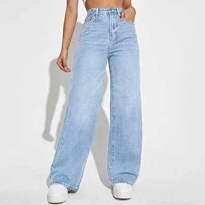 High Waist Denim Pants For Women Stretchy Wide-Leg Jeans With Pockets Casual Straight Leg Summer Autumn Female Jean Trousers
