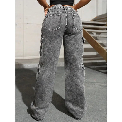 Profashion Jeans High Waist Stretch Cargo Pants Multiple Pockets Casual Trousers For Ladies Fashion Retro Style