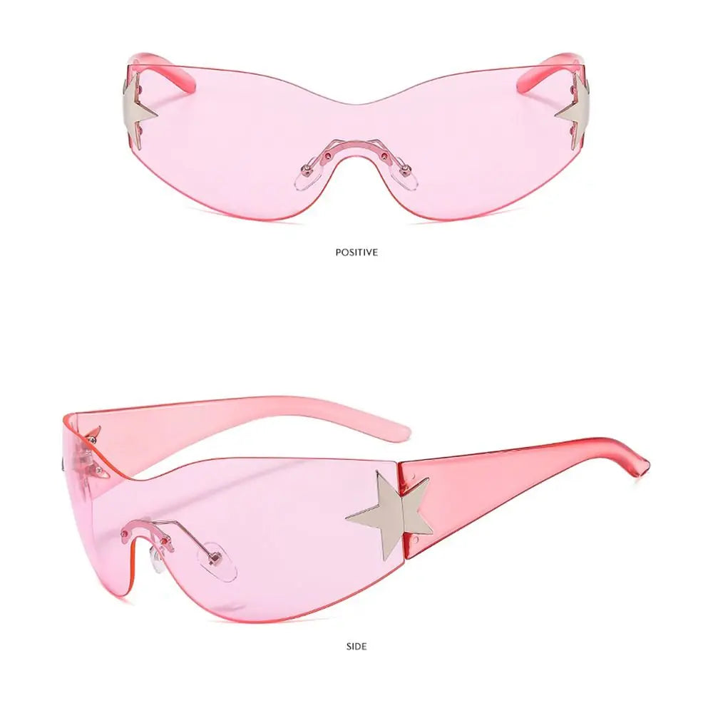 Rimless Punk Sunglasses Goggle Women Men Luxury Brand Wrap Around Sun Glasses Five Star Eyewear Sports One Piece Shades