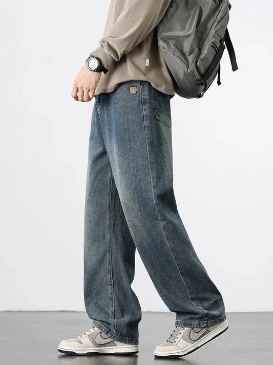 American Retro Straight Jeans Men Streetwear Loose Baggy Wide Leg Denim Pants Male Casual Trousers