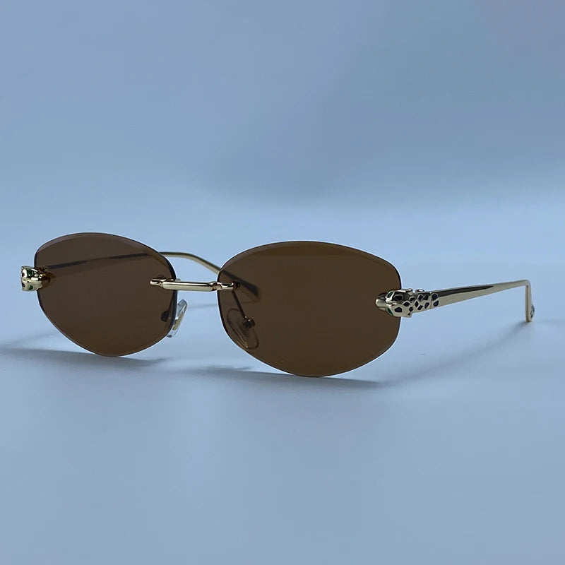 Vintage Rimless Oval Punk Sunglasses Men Luxury Designer Leopard Head Frameless Sun Glasses Hip Hop Outdoor Shades Eyewear