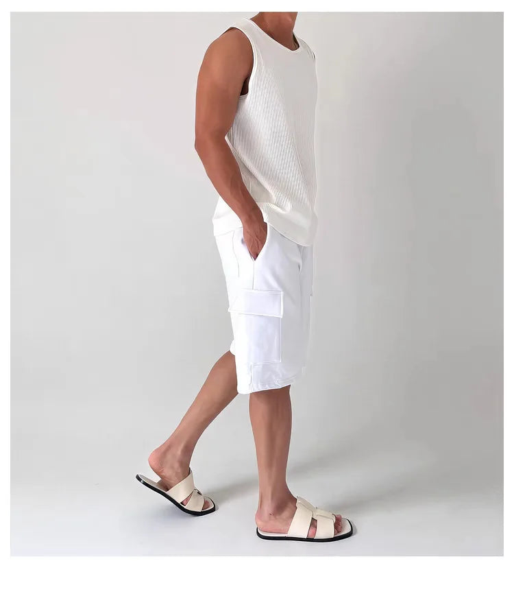 Men's White Ribbed Tank Top Summer Loose Fit Round Neck Gym Workout Sleeveless T-Shirt Sport Breathable Muscle Vest