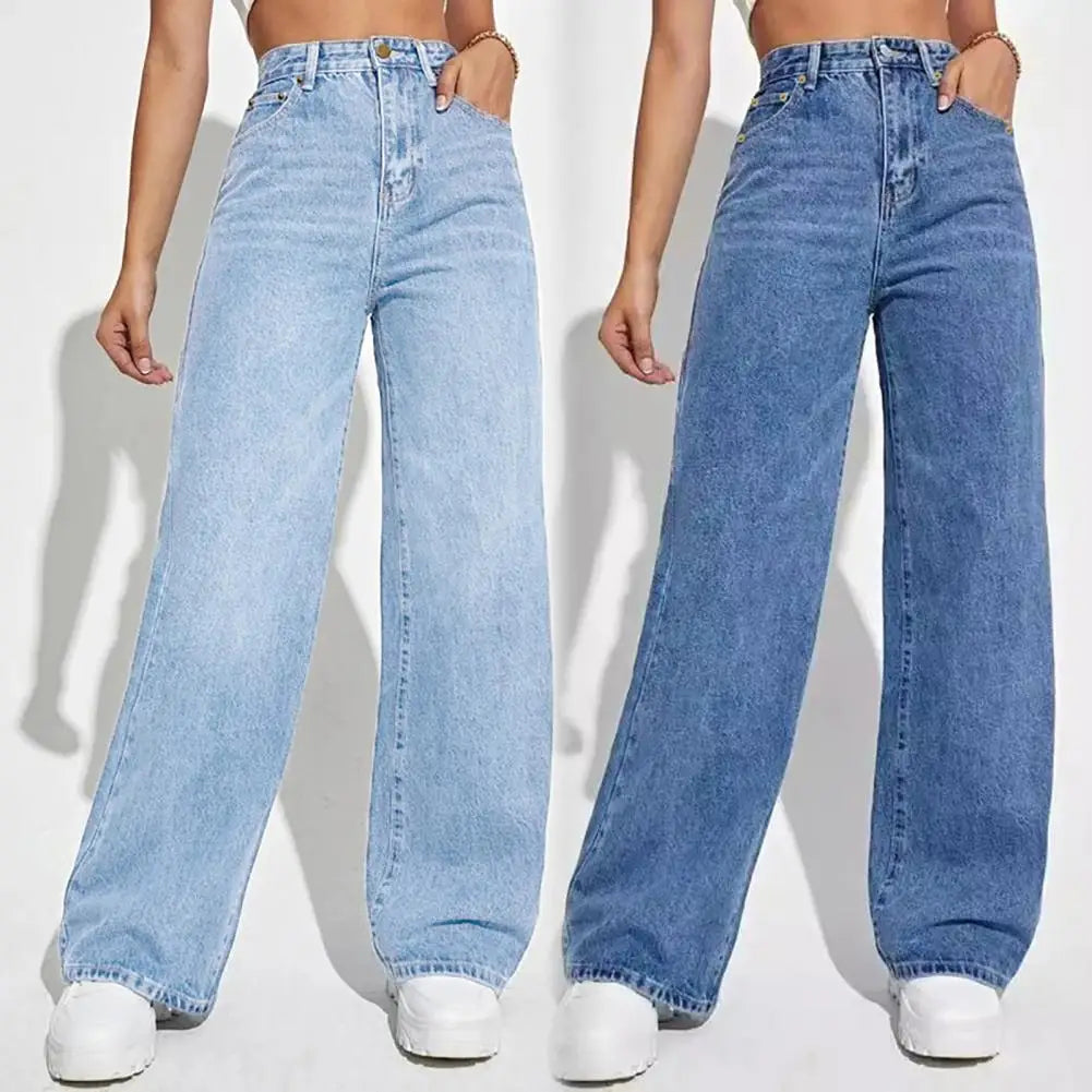 High Waist Denim Pants For Women Stretchy Wide-Leg Jeans With Pockets Casual Straight Leg Summer Autumn Female Jean Trousers
