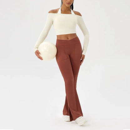Long Sleeve Yoga T-Shirt for Women, Off Shoulder, Sexy Tight Gym Workout Top, Naked Feeling, Quick Dry Sports Activewear