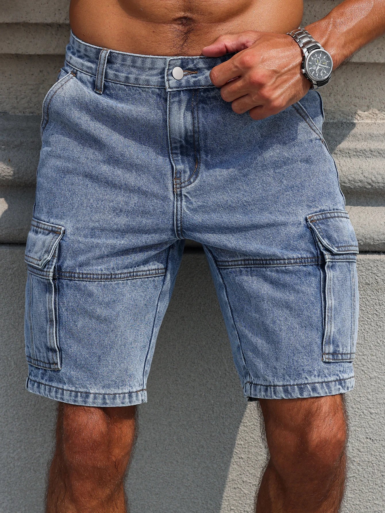 Men's Summer Blue Regular Denim Shorts. Multi-Pocket Design. Stylish and Casual.
