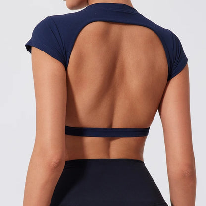 Hearuisavy Summer Sports Shirts Workout Tops Fitness Activewear Quick-Dry Yoga Clothes Sport Crop Tops Backless Gym Top Women