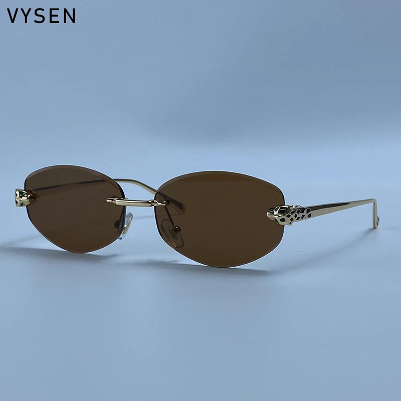 Vintage Rimless Oval Punk Sunglasses Men Luxury Designer Leopard Head Frameless Sun Glasses Hip Hop Outdoor Shades Eyewear