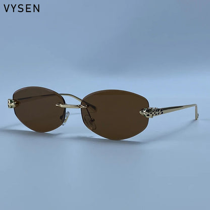 Vintage Rimless Oval Punk Sunglasses Men Luxury Designer Leopard Head Frameless Sun Glasses Hip Hop Outdoor Shades Eyewear