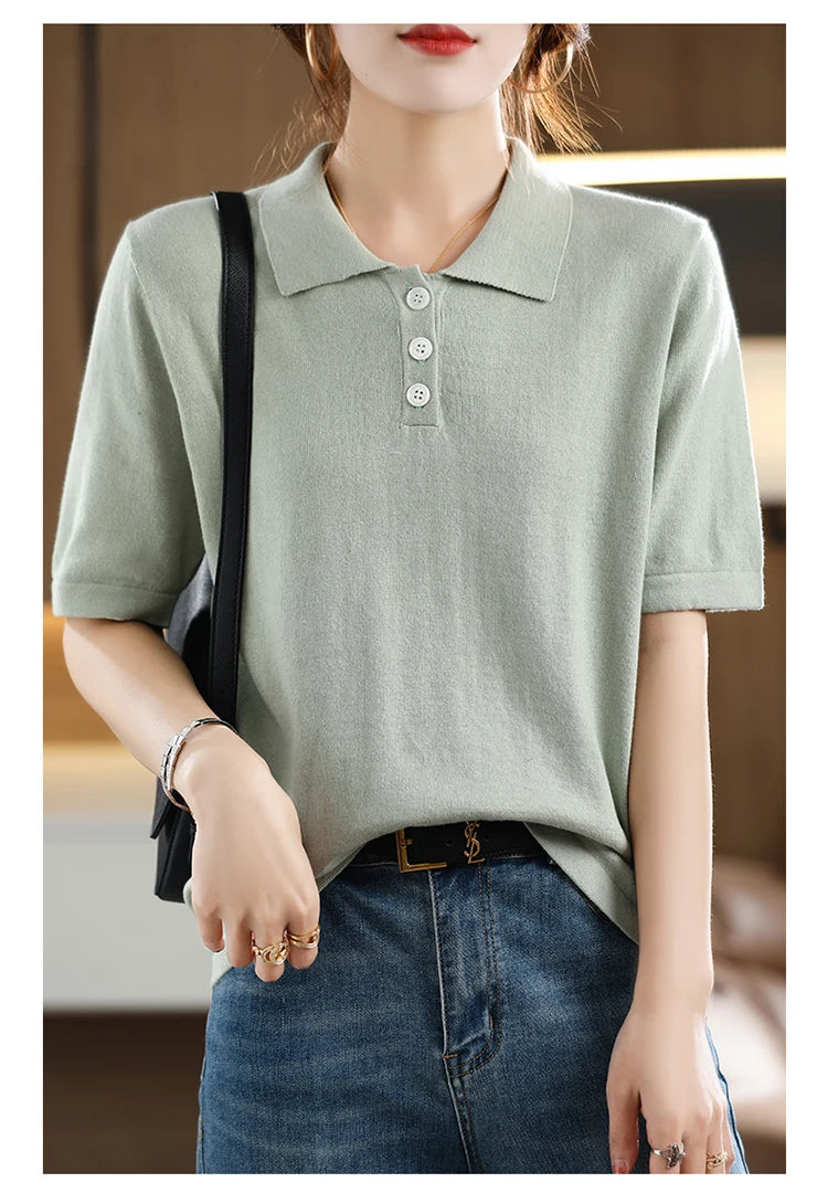 Women's T-shirt Summer 100% Cotton Sweater Short Sleeve Casual Knitted POLO Collar Women's Top Loose Pullover T-shirt Button