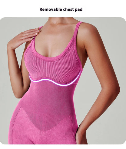 Women's Washed Yoga Bodysuit High Waisted Seamless 4-Way Stretch Workout Activewear Breathable Quick-Dry Lounge Jumpsuit