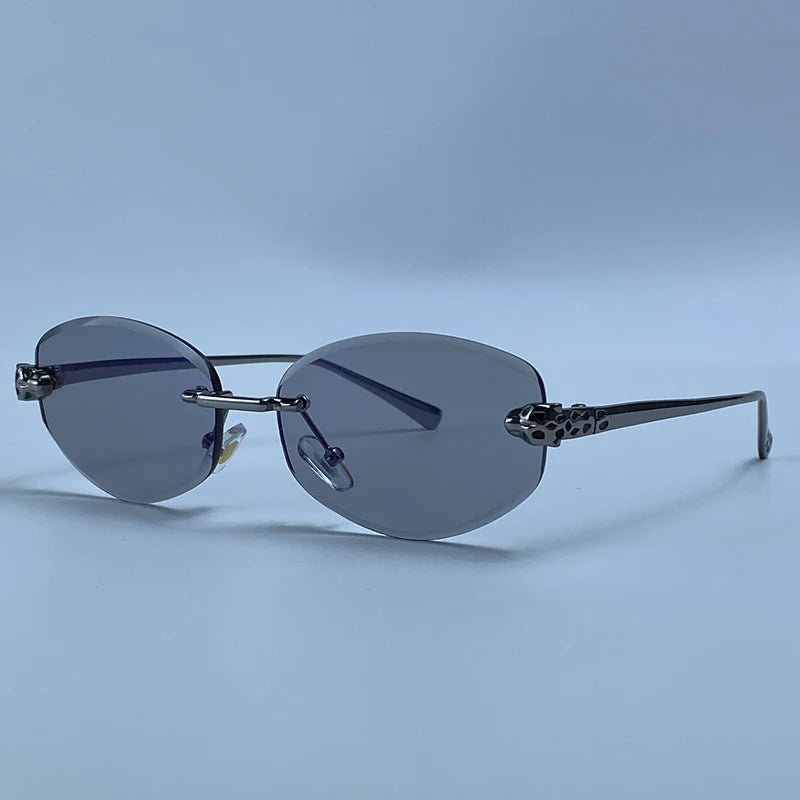Vintage Rimless Oval Punk Sunglasses Men Luxury Designer Leopard Head Frameless Sun Glasses Hip Hop Outdoor Shades Eyewear