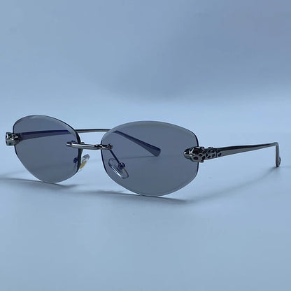 Vintage Rimless Oval Punk Sunglasses Men Luxury Designer Leopard Head Frameless Sun Glasses Hip Hop Outdoor Shades Eyewear