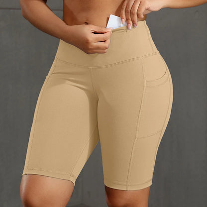 Solid Color Women Shorts with 3 Pockets Butt Lifting Workout Tights Stretch Athletic Five-pointed Pants Outdoor Fitness Shorts