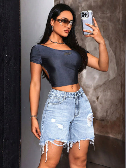 Denim Pant Women Shorts Jeans Vintage Short Pants High Waist Casual Loose Hole Trousers Y2k Streetwear Elegant Summer