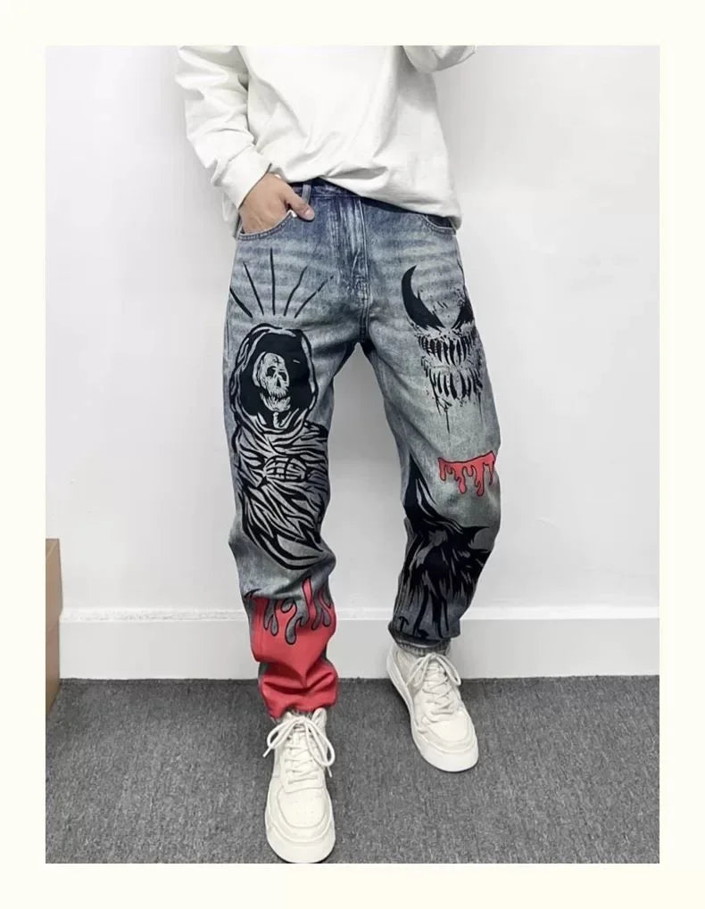Men's Retro American Street Hip Hop Flame Skull Print Jeans Man High Street Motorcycle Denim Long Pants Baggy Jeans Men Techwear