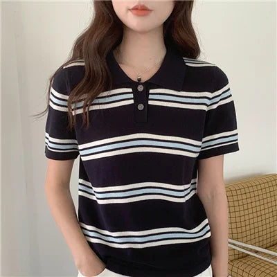 Summer 100% cotton women's T-shirt casual striped knit pullover short sleeved loose POLO collar Tees Pull fashion tops