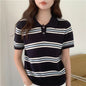 Summer 100% cotton women's T-shirt casual striped knit pullover short sleeved loose POLO collar Tees Pull fashion tops