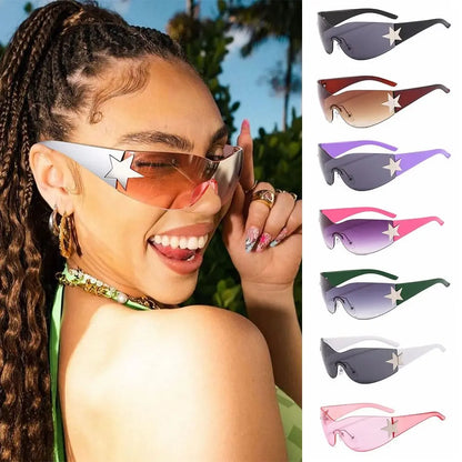 Rimless Punk Sunglasses Goggle Women Men Luxury Brand Wrap Around Sun Glasses Five Star Eyewear Sports One Piece Shades