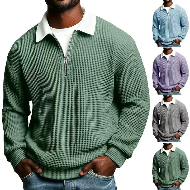 New Style Solid Color Waffle-Knit Long-Sleeve Sweatshirt for Men - Half-Zip Athletic Top (Spring & Autumn Collection)