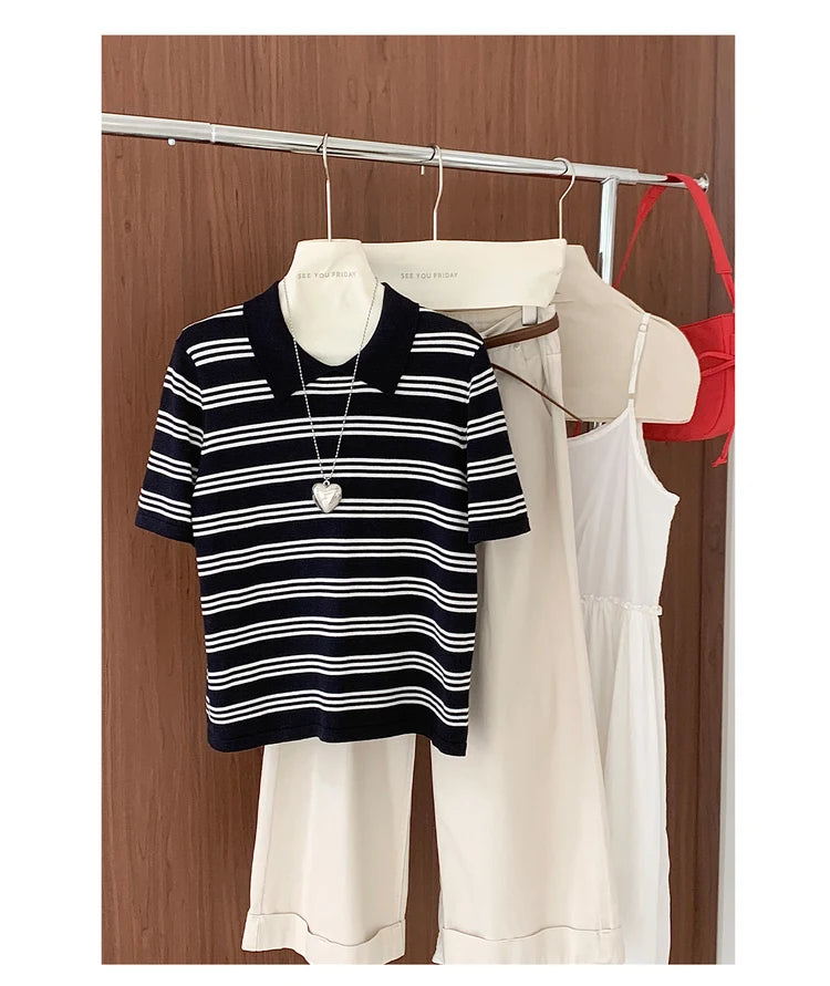 Summer women's100% cotton casual striped knitted T-shirt short sleeved loose POLO collar pullover Korean version fashionable top
