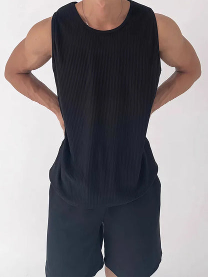 Men's White Ribbed Tank Top Summer Loose Fit Round Neck Gym Workout Sleeveless T-Shirt Sport Breathable Muscle Vest