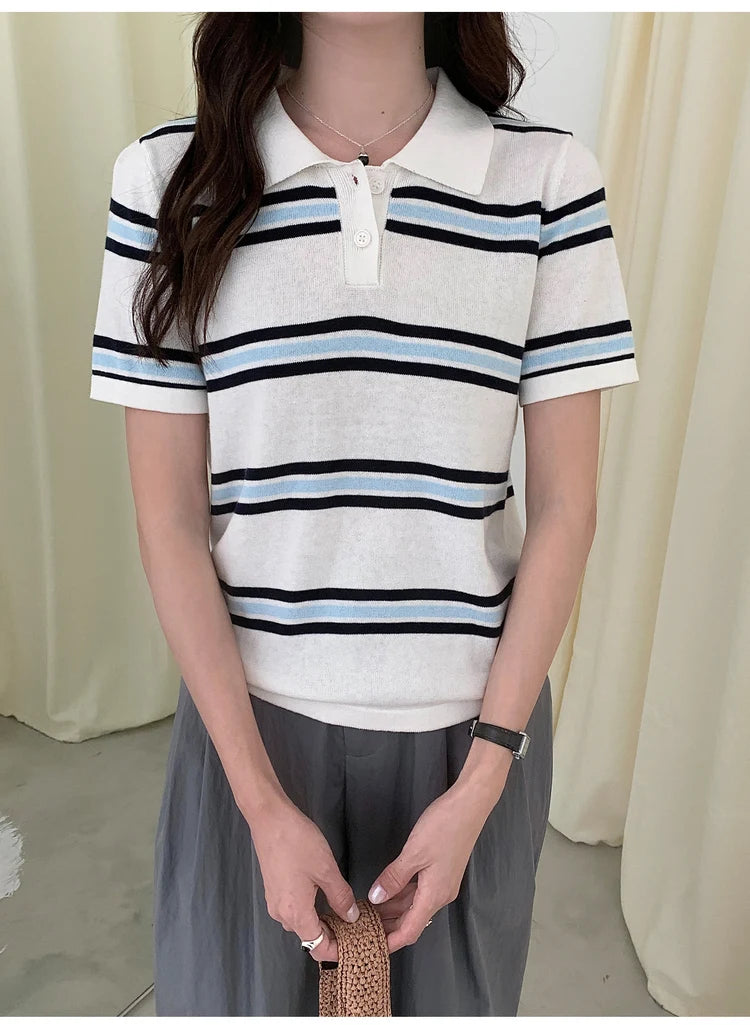 Summer 100% cotton women's T-shirt casual striped knit pullover short sleeved loose POLO collar Tees Pull fashion tops