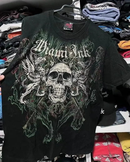 Summer New Men's Breathable Round Neck T-shirt Y2K Retro Clothing Punk Hip Hop Pattern Printed