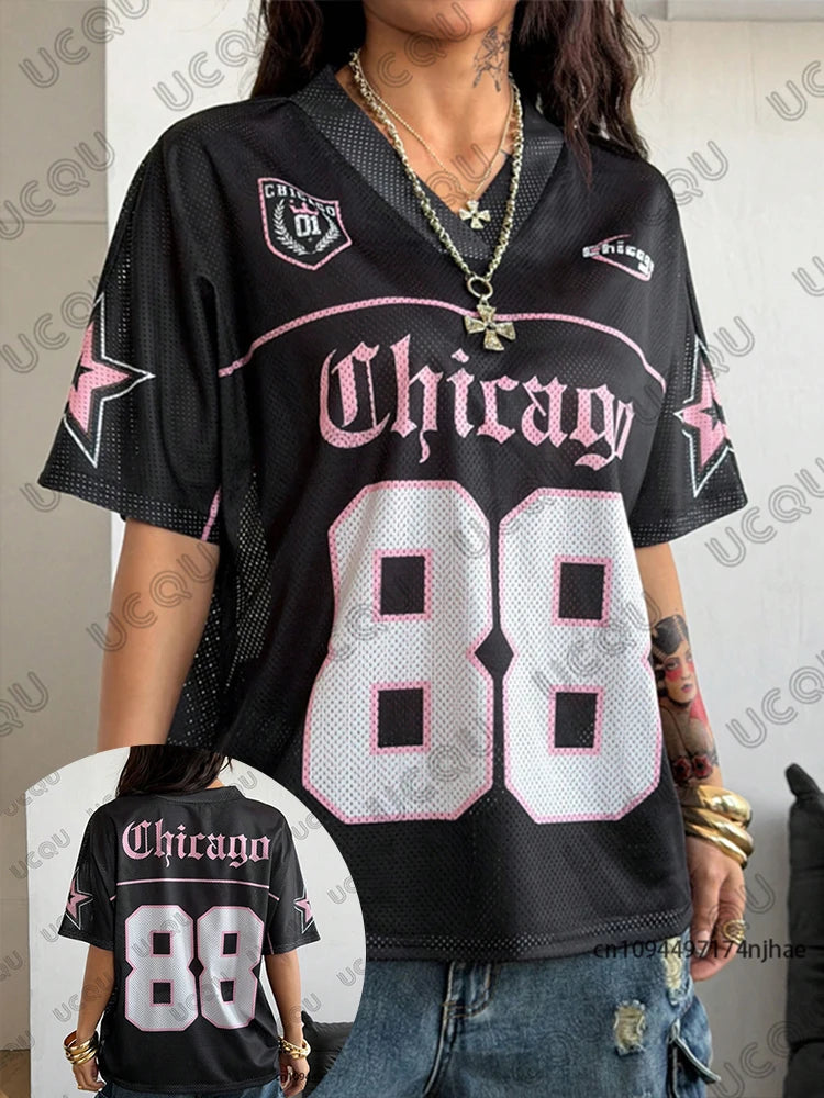 Summer New Chicago No.88 Print T Shirt For Women V-Neck Patchwork Short Sleeve Sports Football Jersey Y2K Loose Oversized Tops