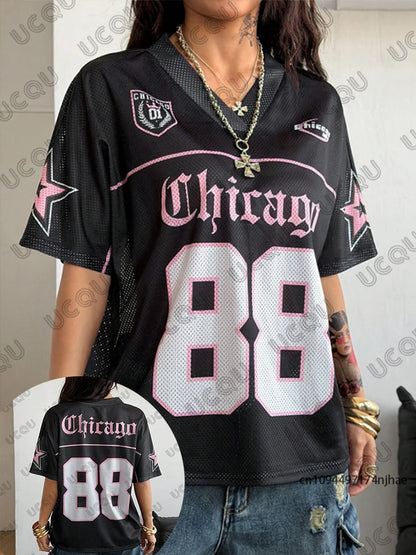 Summer New Chicago No.88 Print T Shirt For Women V-Neck Patchwork Short Sleeve Sports Football Jersey Y2K Loose Oversized Tops