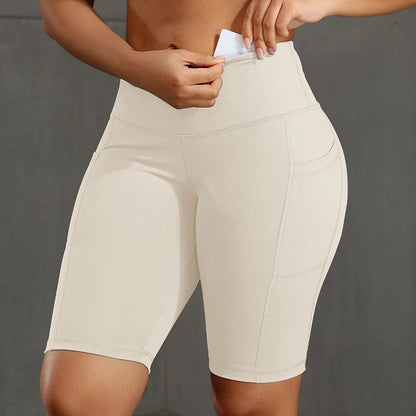 Solid Color Women Shorts with 3 Pockets Butt Lifting Workout Tights Stretch Athletic Five-pointed Pants Outdoor Fitness Shorts
