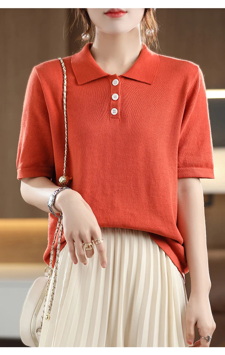 Women's T-shirt Summer 100% Cotton Sweater Short Sleeve Casual Knitted POLO Collar Women's Top Loose Pullover T-shirt Button