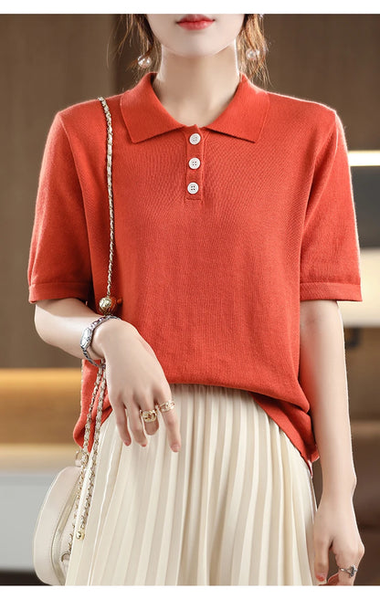 Women's T-shirt Summer 100% Cotton Sweater Short Sleeve Casual Knitted POLO Collar Women's Top Loose Pullover T-shirt Button