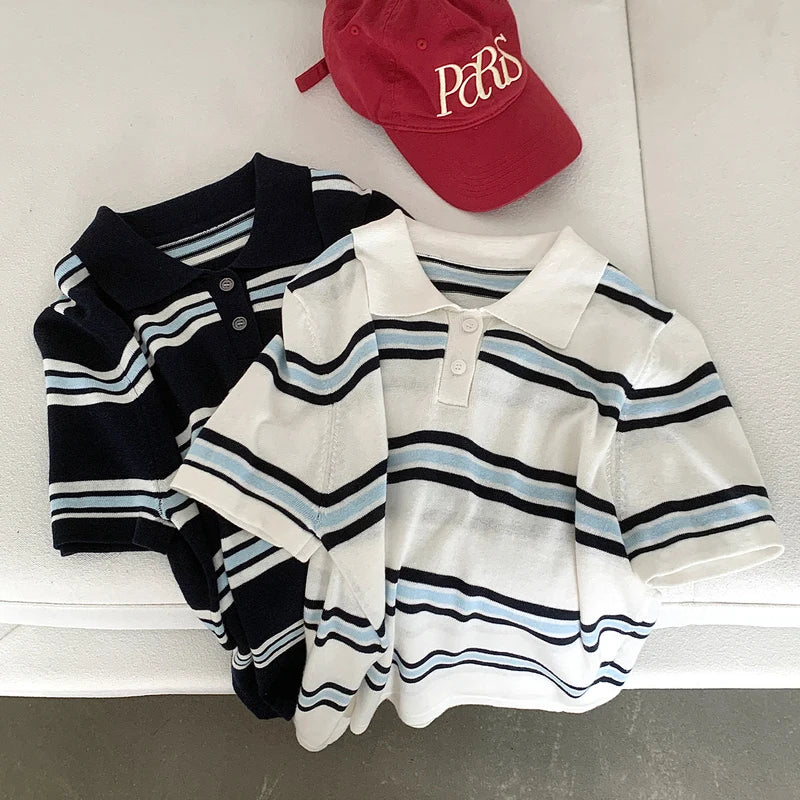 Summer 100% cotton women's T-shirt casual striped knit pullover short sleeved loose POLO collar Tees Pull fashion tops
