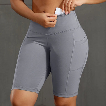 Solid Color Women Shorts with 3 Pockets Butt Lifting Workout Tights Stretch Athletic Five-pointed Pants Outdoor Fitness Shorts